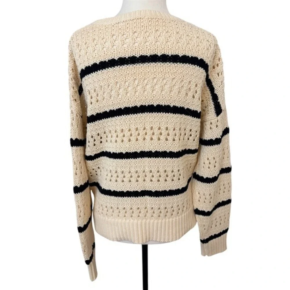 Reitmans Cream Navy Blue Medium Striped Pointelle Knit Cotton Sweater - Picture 6 of 8
